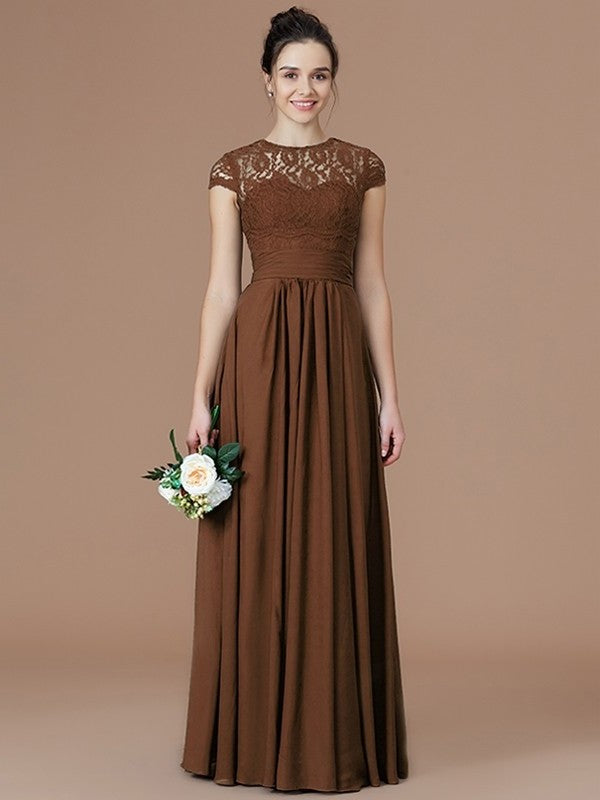 Lace Sleeves Jewel A-Line/Princess Short Floor-Length Chiffon Bridesmaid Dresses