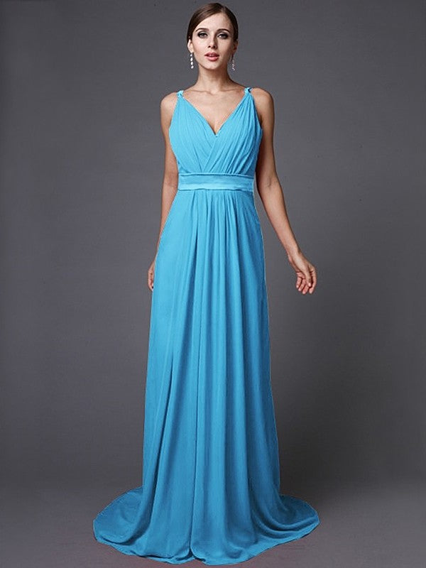 Long Ruffles A-Line/Princess Sleeveless V-neck Chiffon Bridesmaid Dresses