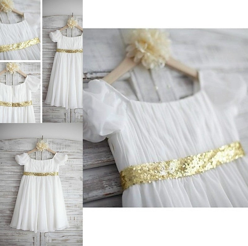 Sleeves Tea-Length Beading Short A-line/Princess Bateau Chiffon Flower Girl Dresses