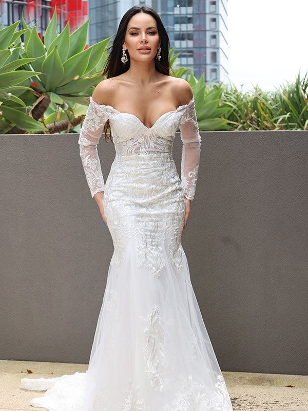 Sweep/Brush Applique Sleeves Off-the-Shoulder Long Trumpet/Mermaid Tulle Train Wedding Dresses