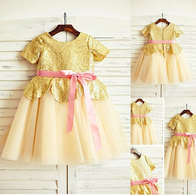 Scoop A-line/Princess Short Tulle Sequin Tea-Length Sleeves Flower Girl Dresses