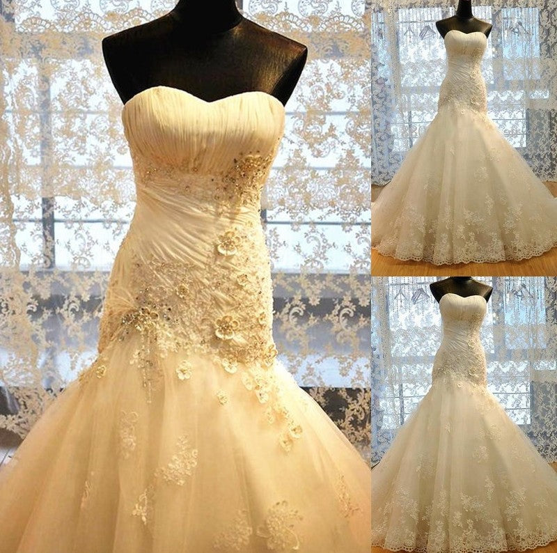 Sweetheart Tulle Sleeveless Trumpet/Mermaid Applique Court Train Wedding Dresses