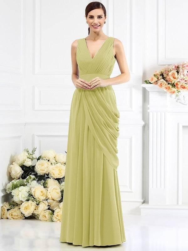 Pleats Sleeveless V-neck A-Line/Princess Long Chiffon Bridesmaid Dresses