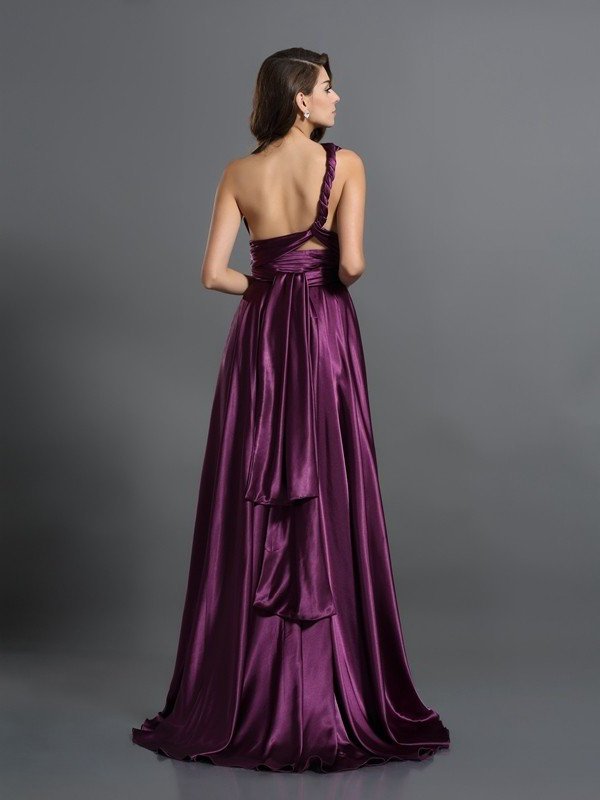 Pleats Silk A-Line/Princess like Long Sleeveless Satin Bridesmaid Dresses