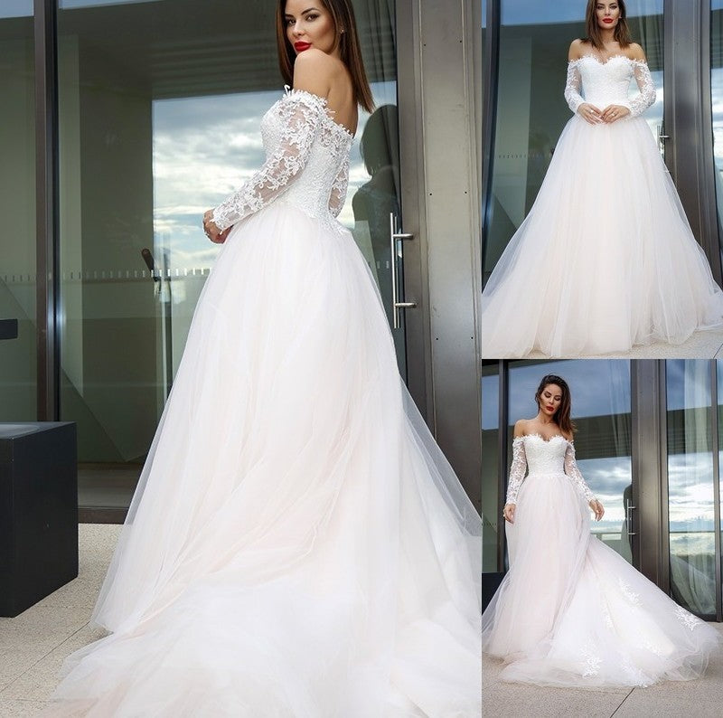 Tulle Long Sleeves Off-the-Shoulder A-Line/Princess Applique Court Train Wedding Dresses