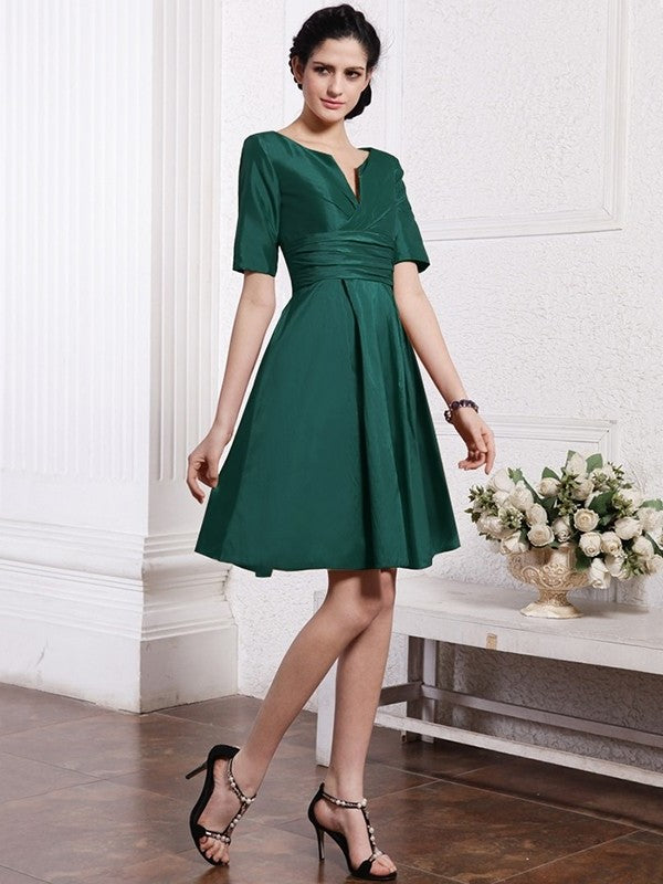 V-neck Pleats Sleeves Sheath/Column Half Taffeta Bridesmaid Dresses