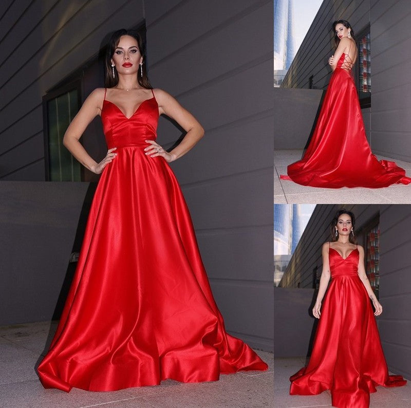 Satin Ruffles V-neck Sleeveless A-Line/Princess Sweep/Brush Train Dresses