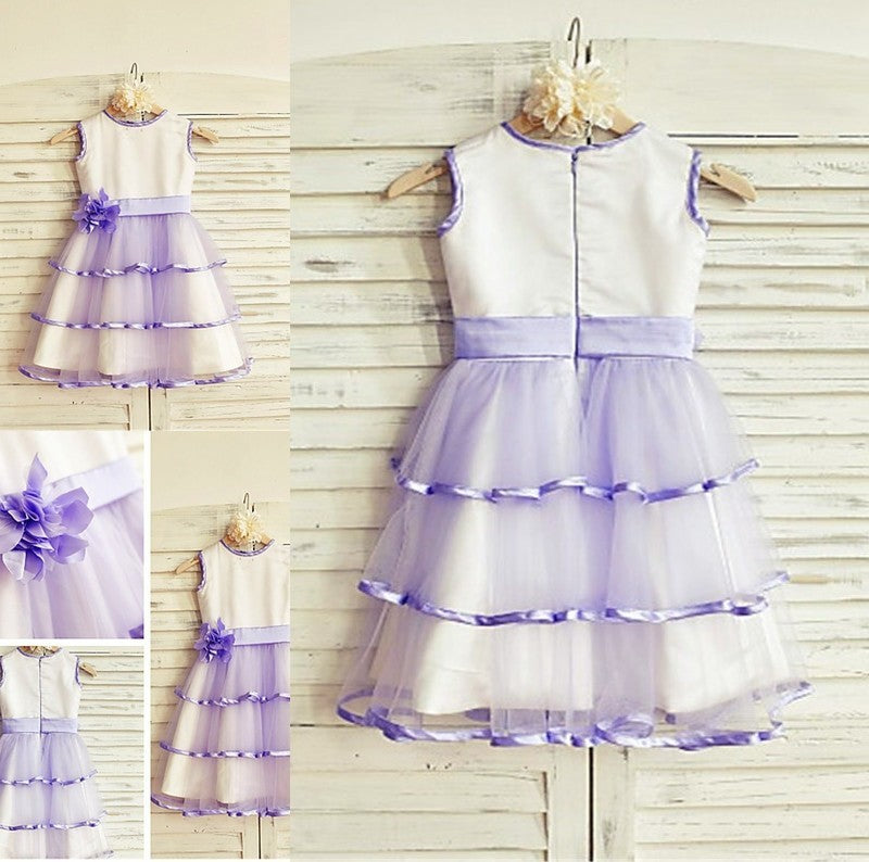 Scoop Tea-Length Tulle Flower Sleeveless Hand-made A-line/Princess Flower Girl Dresses