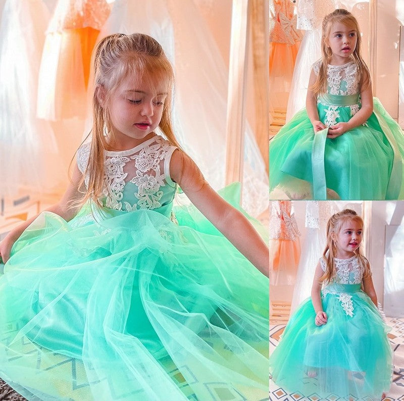 Sleeveless Tulle Knee-Length Scoop Applique A-Line/Princess Flower Girl Dresses