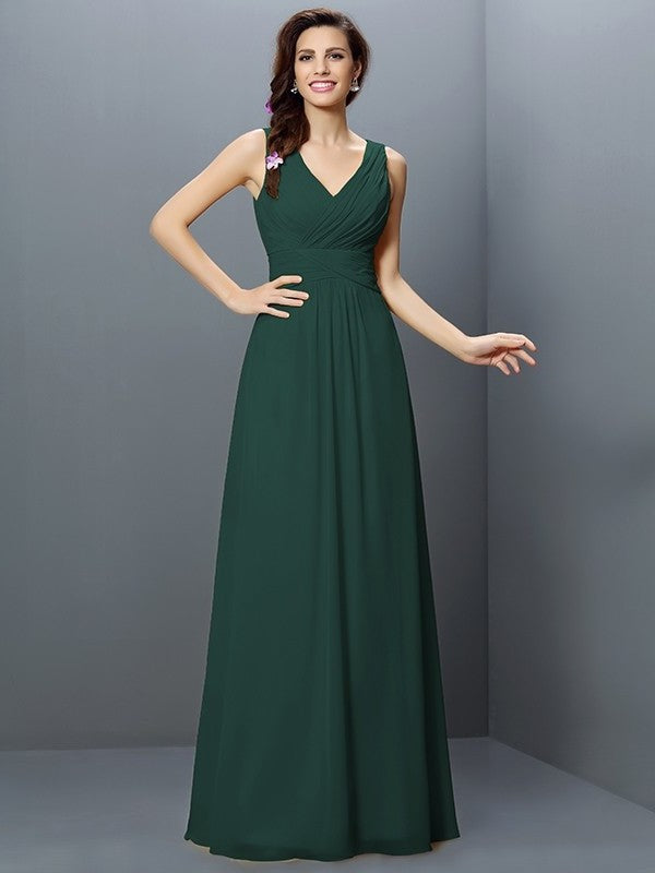 V-neck Long Sleeveless A-Line/Princess Pleats Chiffon Bridesmaid Dresses