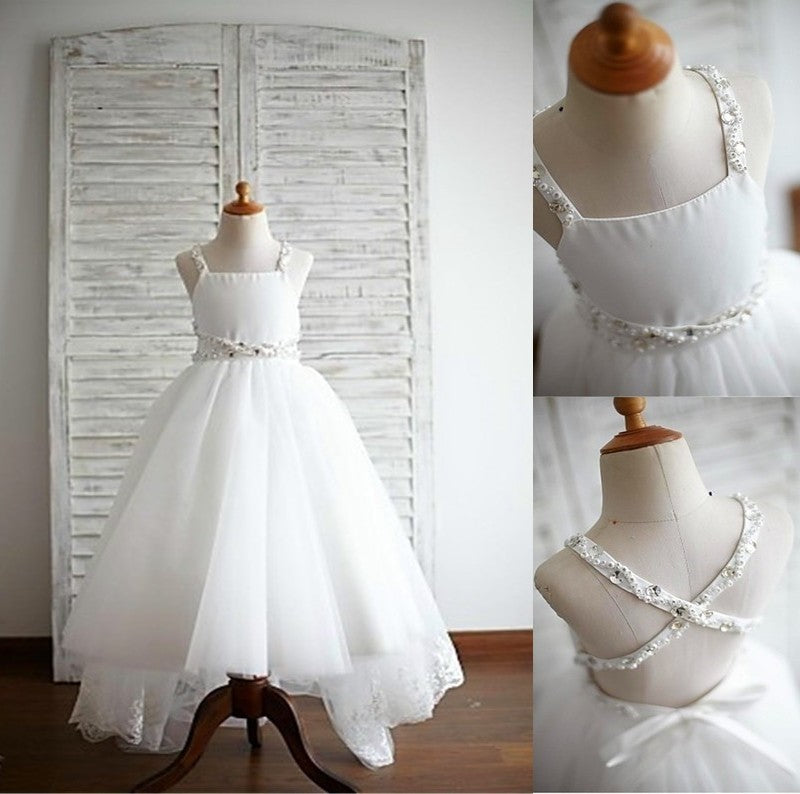 Train Sweep/Brush Tulle Straps Beading A-line/Princess Spaghetti Sleeveless Flower Girl Dresses