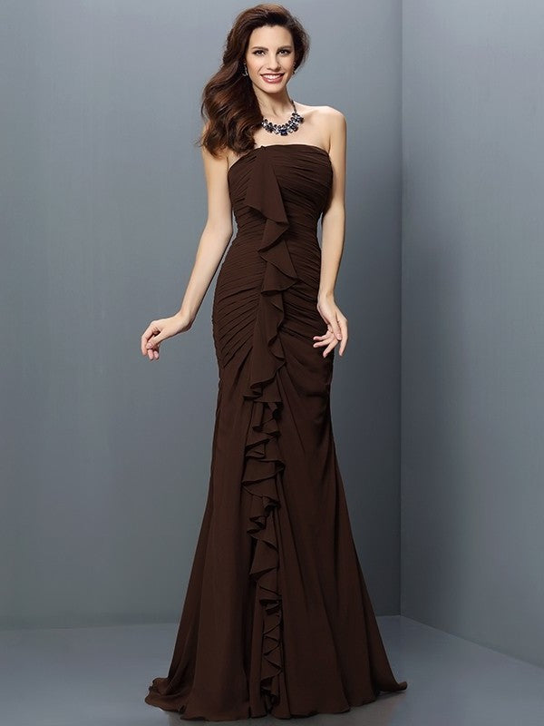 Trumpet/Mermaid Pleats Strapless Sleeveless Long Chiffon Bridesmaid Dresses