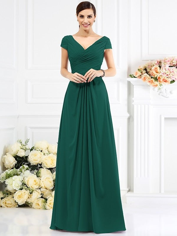 Sleeves Pleats A-Line/Princess Long V-neck Short Chiffon Bridesmaid Dresses