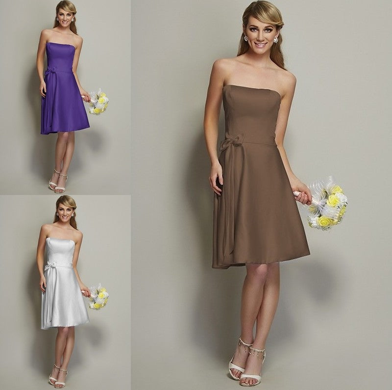 Strapless A-Line/Princess Sleeveless Bowknot Short Satin Bridesmaid Dresses