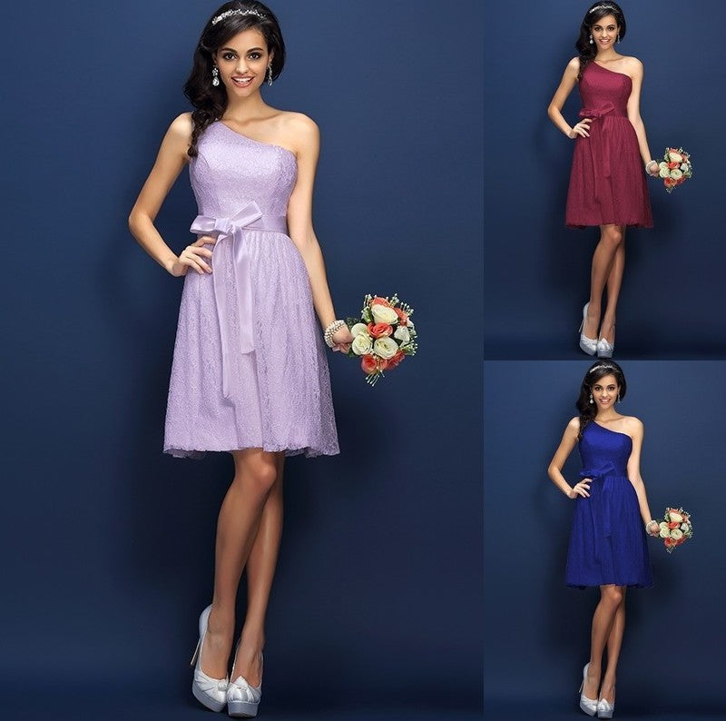 One-Shoulder Sleeveless A-Line/Princess Lace Short Lace Bridesmaid Dresses