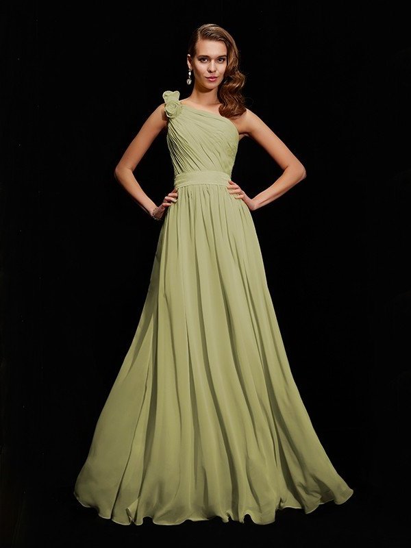 Flower Sleeveless A-Line/Princess One-Shoulder Hand-Made Long Chiffon Bridesmaid Dresses