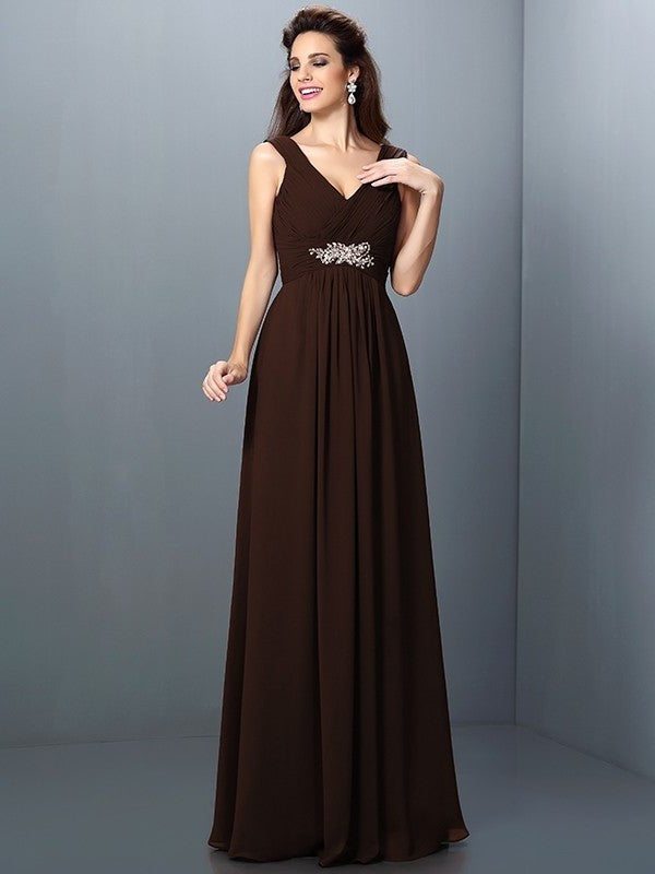 Long Beading A-Line/Princess Sleeveless Pleats V-neck Chiffon Bridesmaid Dresses