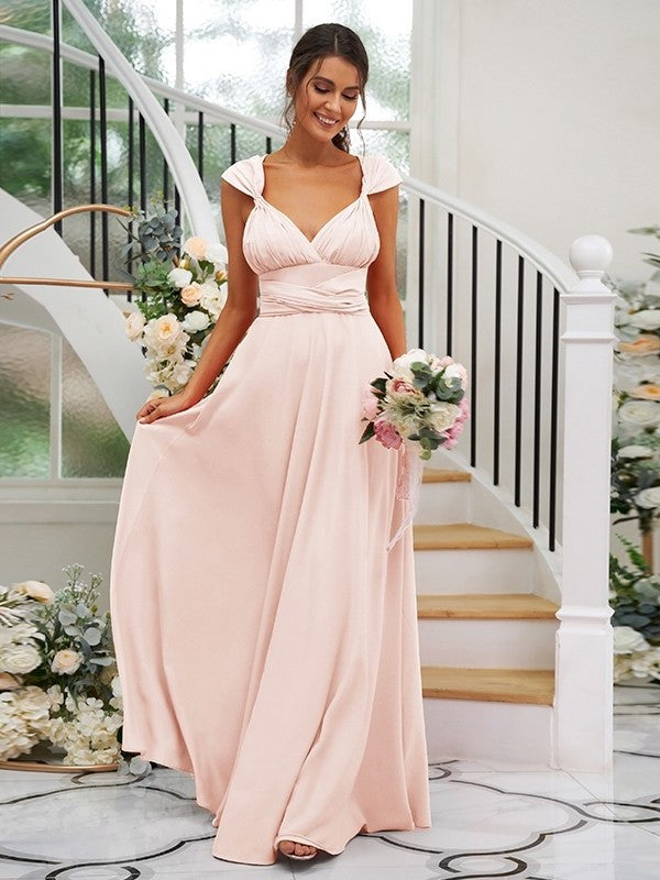 Ruched Jersey Sleeveless A-Line/Princess V-neck Floor-Length Bridesmaid Dresses