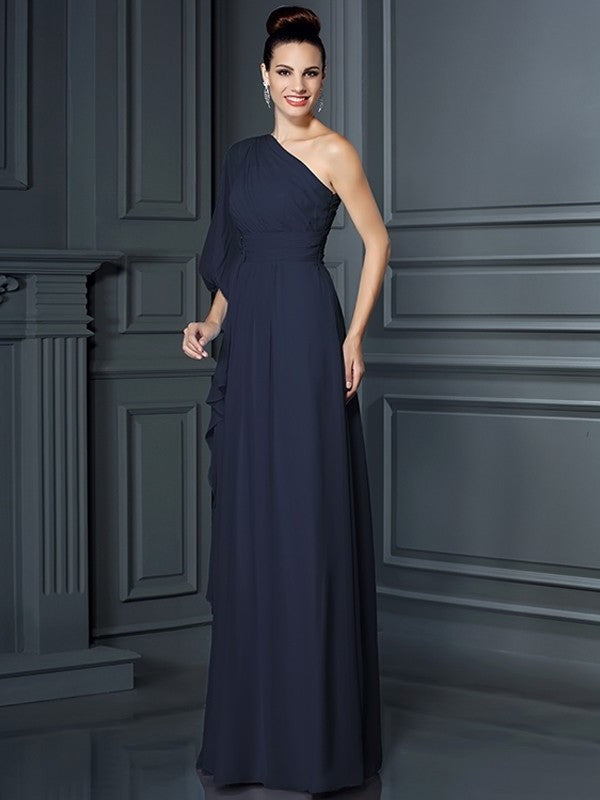 3/4 Sheath/Column Long One-Shoulder Sleeves Chiffon Bridesmaid Dresses