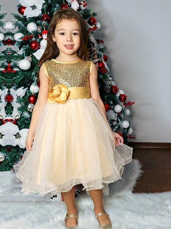 Scoop Sleeveless A-Line/Princess Tea-Length Organza Sequin Flower Girl Dresses