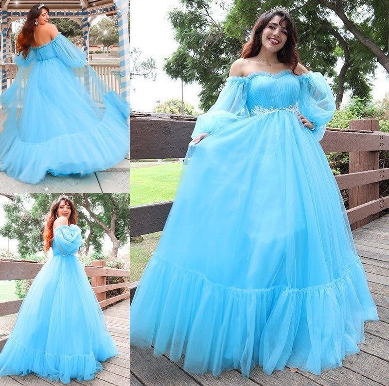 A-Line/Princess Long Off-the-Shoulder Tulle Applique Sleeves Floor-Length Dresses