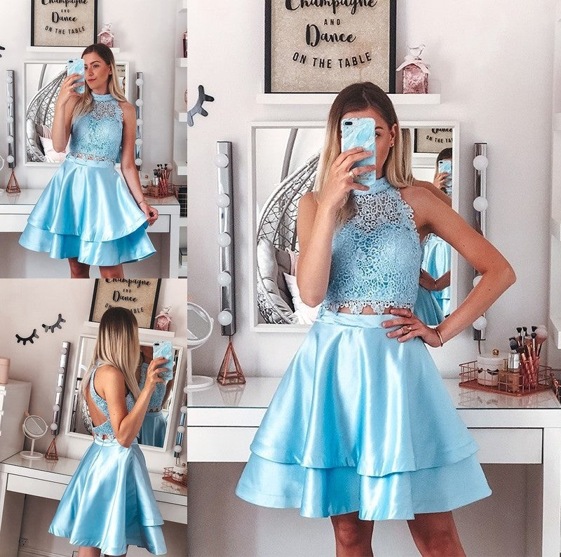 A-Line/Princess Two Sleeveless Lace Halter Satin Short/Mini Piece Homecoming Dresses