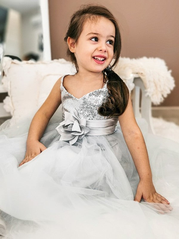 Straps Sleeveless Spaghetti Sequin Tulle A-Line/Princess Tea-Length Flower Girl Dresses