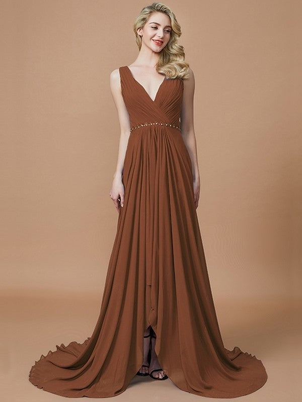 V-neck Chiffon Sleeveless Sweep/Brush A-Line/Princess Train Bridesmaid Dresses