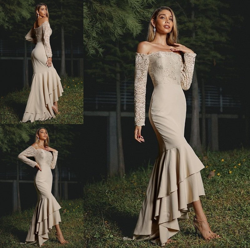 Trumpet/Mermaid Crepe Stretch Sleeves Off-the-Shoulder Long Lace Asymmetrical Bridesmaid Dresses