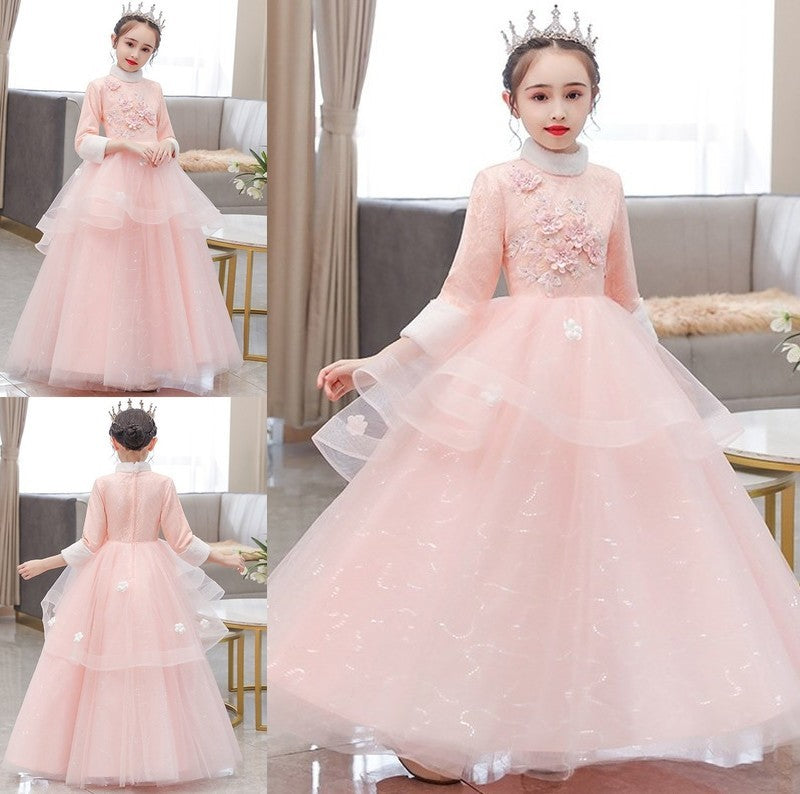 3/4 Sleeves Neck High Flower Hand-Made A-Line/Princess Tulle Floor-Length Flower Girl Dresses