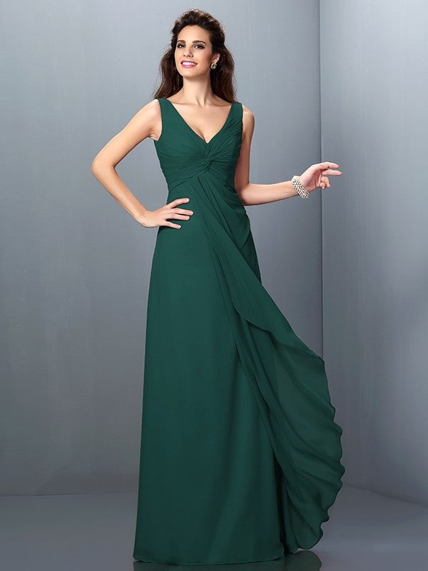 Straps Sleeveless A-Line/Princess Long Pleats Chiffon Bridesmaid Dresses