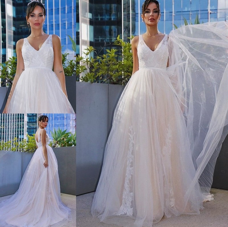 Sweep/Brush A-Line/Princess Sleeveless Tulle Applique V-neck Train Wedding Dresses