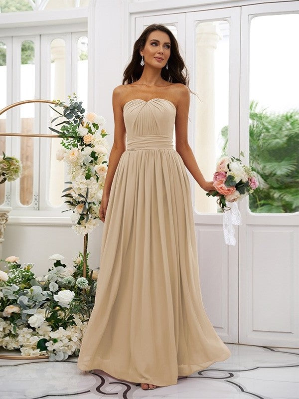 Strapless Sleeveless Ruffles A-Line/Princess Chiffon Floor-Length Bridesmaid Dresses