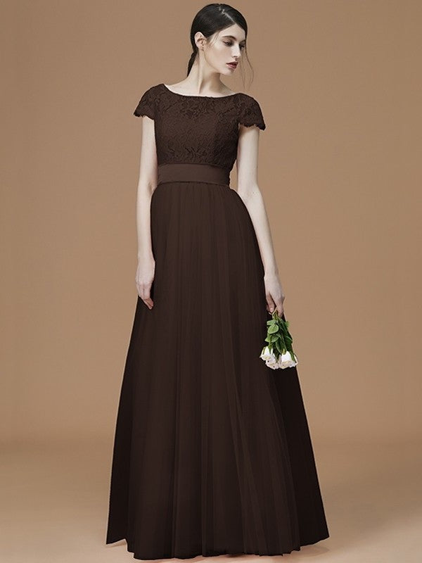 Sleeves Sash/Ribbon/Belt Short A-Line/Princess Bateau Floor-Length Tulle Bridesmaid Dresses