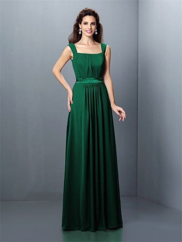 Square Sleeveless Pleats Long A-Line/Princess Chiffon Bridesmaid Dresses