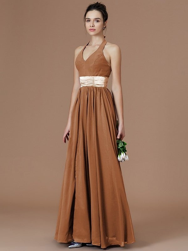 Floor-Length Sleeveless Halter A-Line/Princess Sash/Ribbon/Belt Chiffon Bridesmaid Dresses