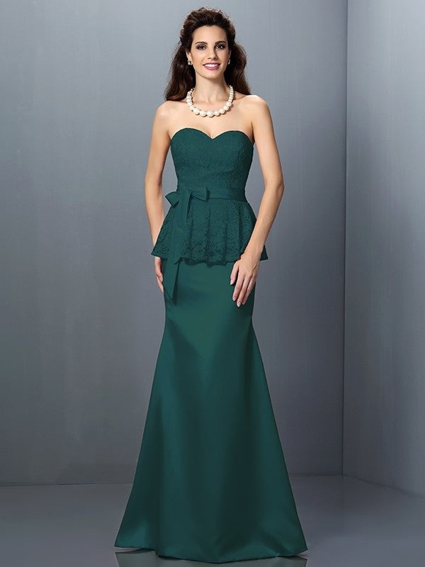 Trumpet/Mermaid Lace Sweetheart Sleeveless Long Satin Bridesmaid Dresses