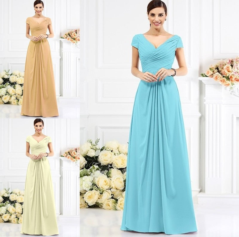 Sleeves Pleats A-Line/Princess Long V-neck Short Chiffon Bridesmaid Dresses