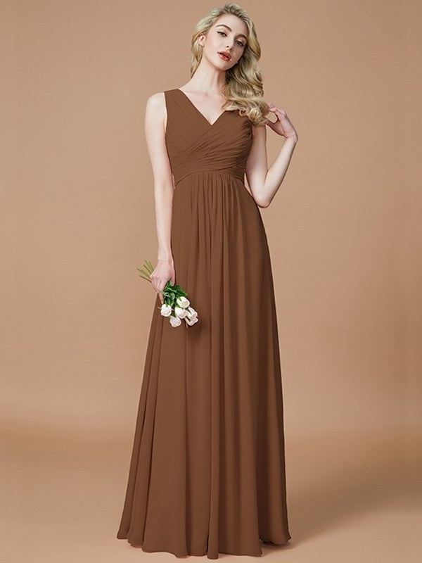 V-neck Ruched Floor-Length Sleeveless A-Line/Princess Chiffon Bridesmaid Dresses