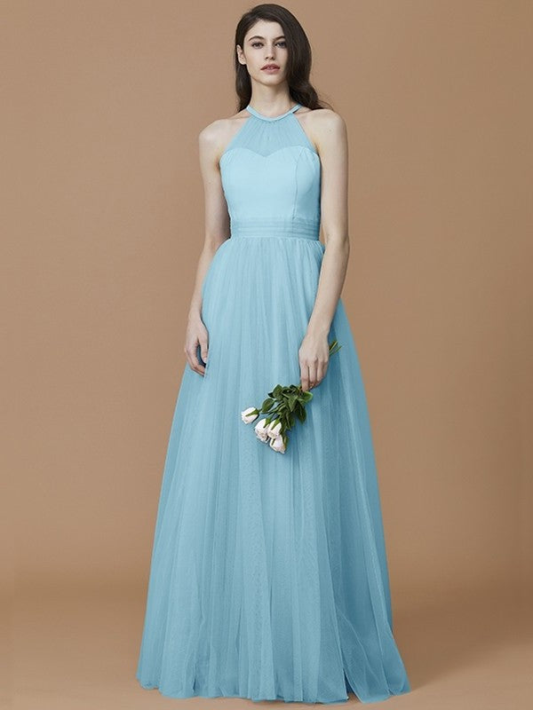 Halter Sleeveless Ruffles Floor-Length A-Line/Princess Tulle Bridesmaid Dresses