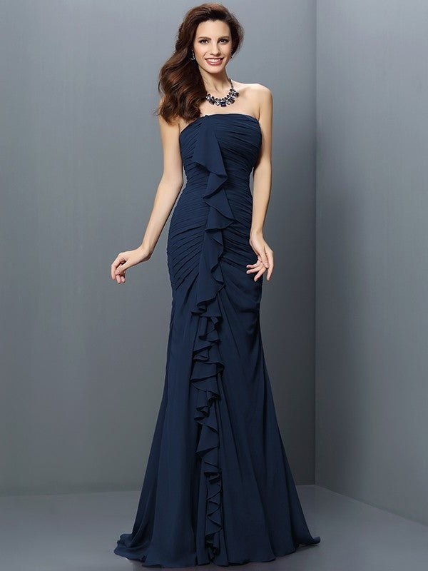 Trumpet/Mermaid Pleats Strapless Sleeveless Long Chiffon Bridesmaid Dresses