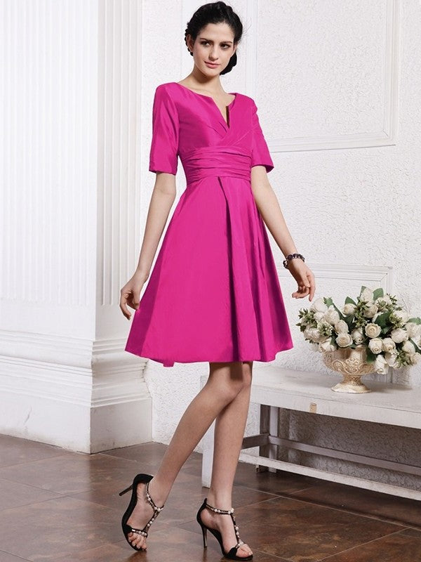 V-neck Pleats Sleeves Sheath/Column Half Taffeta Bridesmaid Dresses