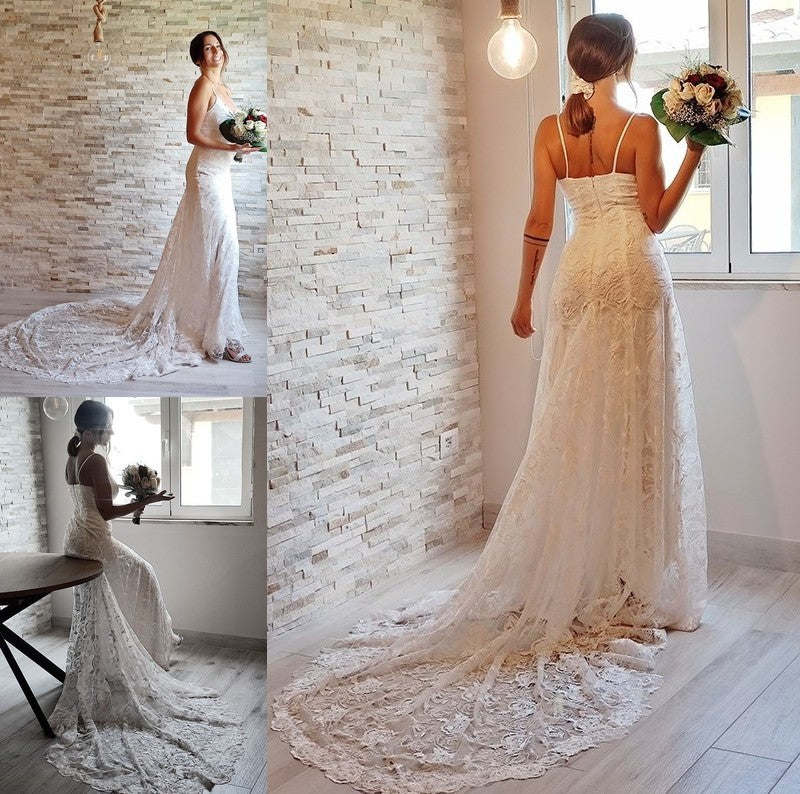 Lace Applique Sleeveless Sheath/Column Court Straps Spaghetti Train Wedding Dresses