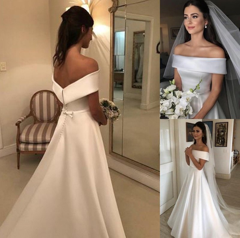 A-Line/Princess Ruffles Sleeveless Off-the-Shoulder Train Sweep/Brush Satin Wedding Dresses