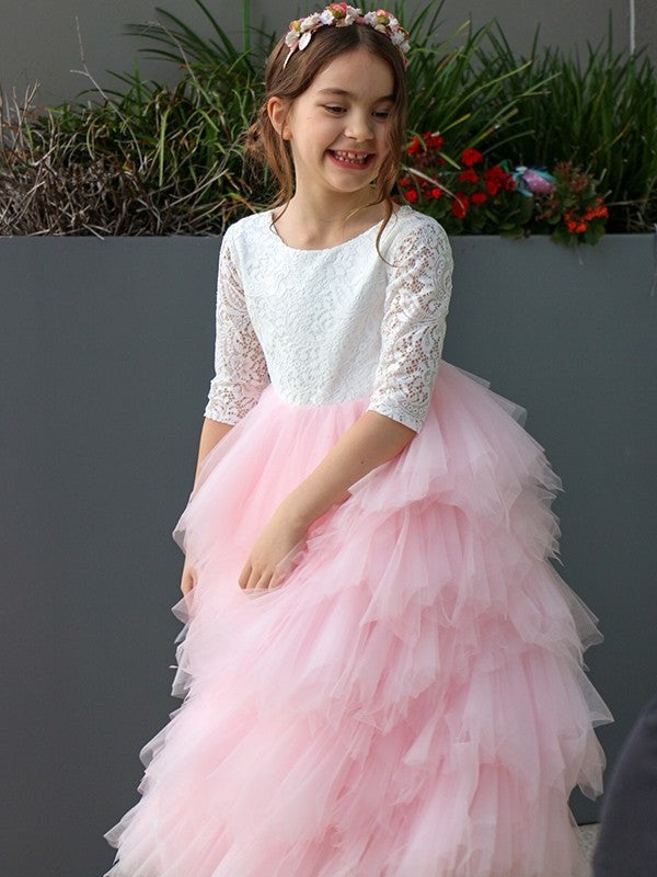 Sleeves 3/4 A-Line/Princess Tulle Scoop Lace Ankle-Length Flower Girl Dresses