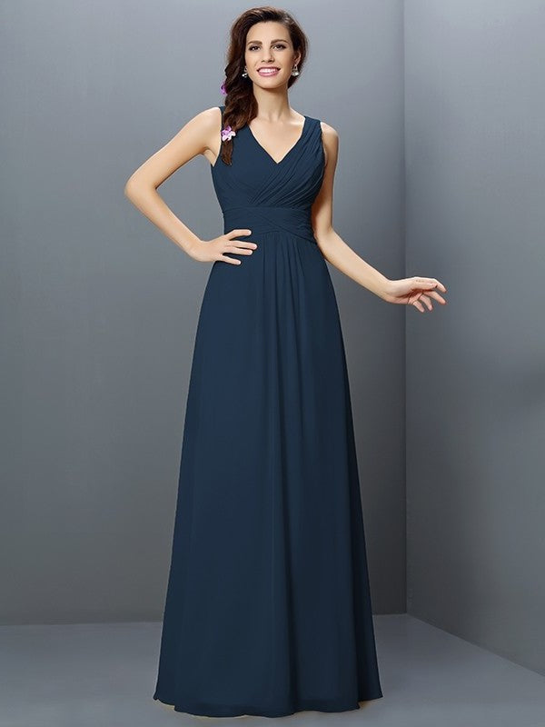 V-neck Long Sleeveless A-Line/Princess Pleats Chiffon Bridesmaid Dresses