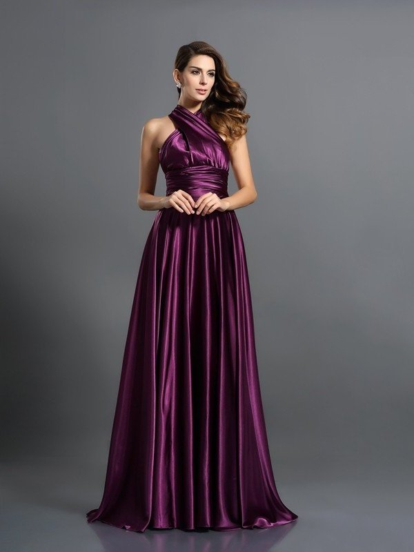 Pleats Silk A-Line/Princess like Long Sleeveless Satin Bridesmaid Dresses