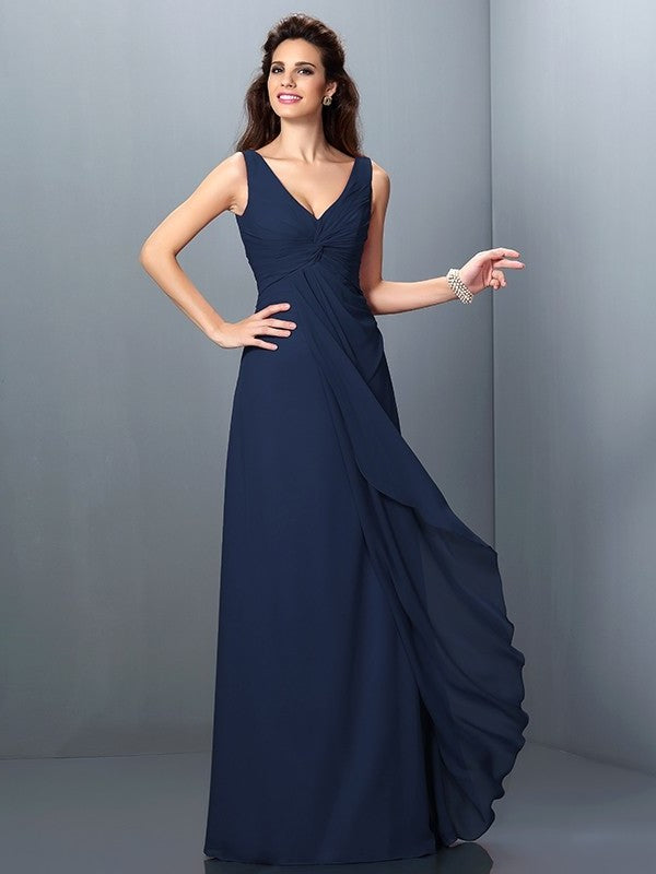 Straps Sleeveless A-Line/Princess Long Pleats Chiffon Bridesmaid Dresses