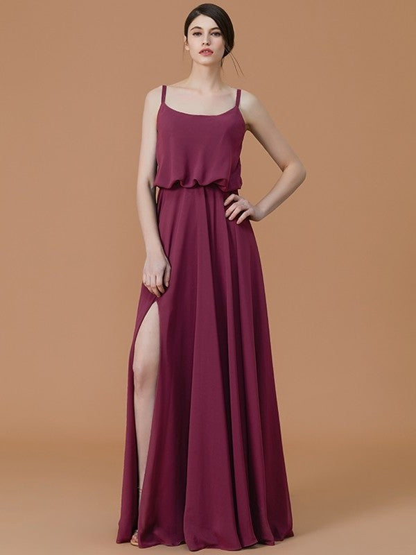 Spaghetti Ruffles Straps Sleeveless A-Line/Princess Floor-Length Chiffon Bridesmaid Dresses