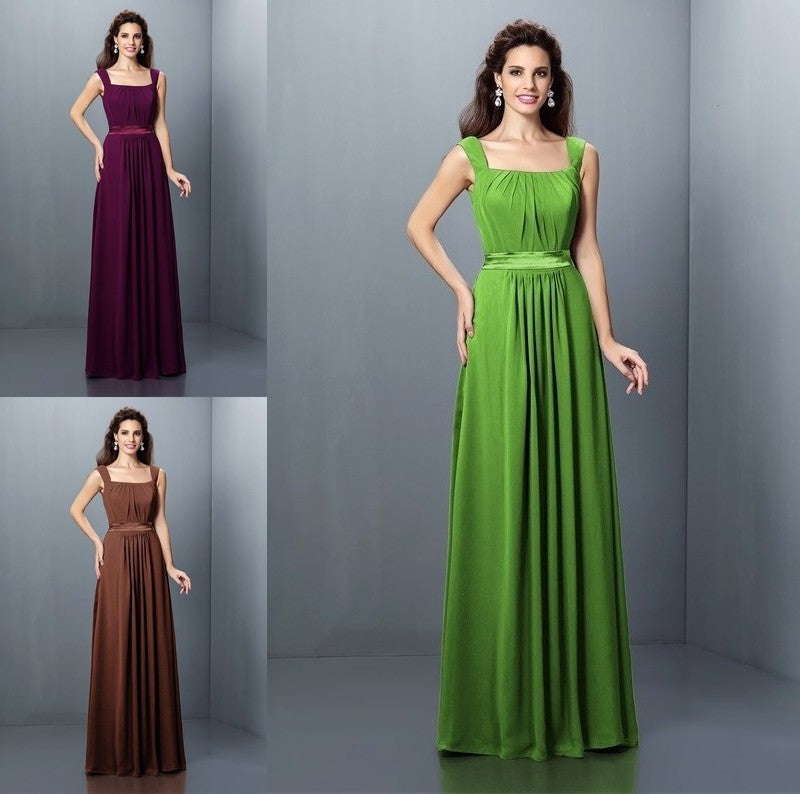 Square Sleeveless Pleats Long A-Line/Princess Chiffon Bridesmaid Dresses